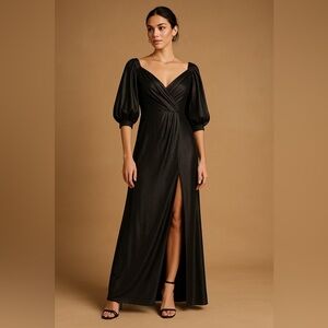 SYMPHONY Black Silvery Off The Shoulder Puff Sleeve Evening Gown Front Slit S